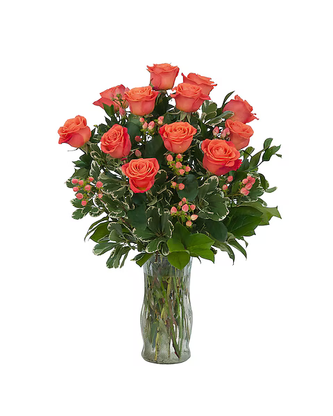 Orange Roses and Berries Vase
