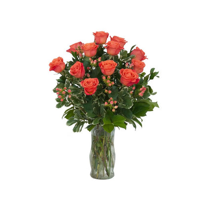 Orange Roses and Berries Vase